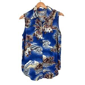 HILO HATTIE Women S‎ Blue Floral Hawaiian USA Resort Tropical Beach Button Shirt